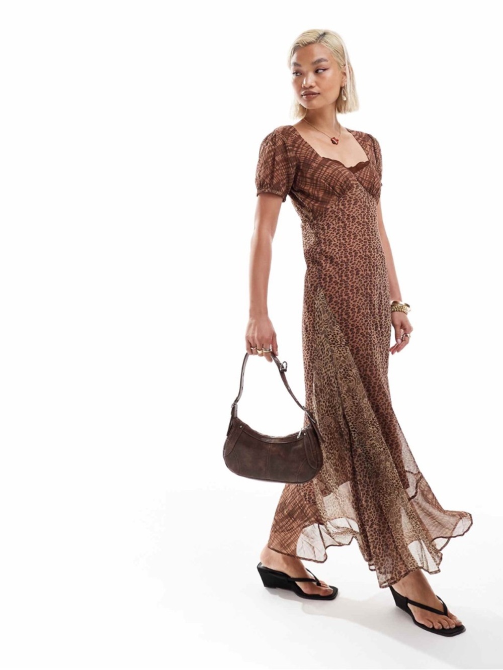 New Reclaimed Vintage Maxi Tea Dress Animal Print Y2K Chiffon Whimsygoth Hipster